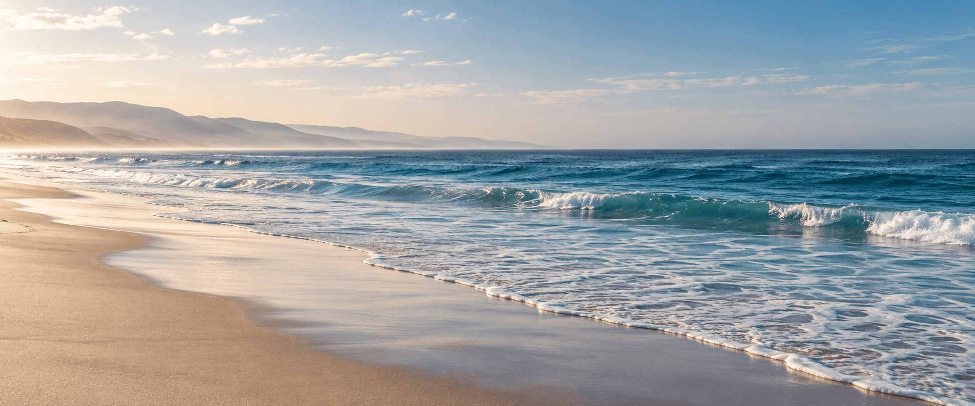 An expansive beach, gentle waves, and an open ocean horizon in soft morning light.